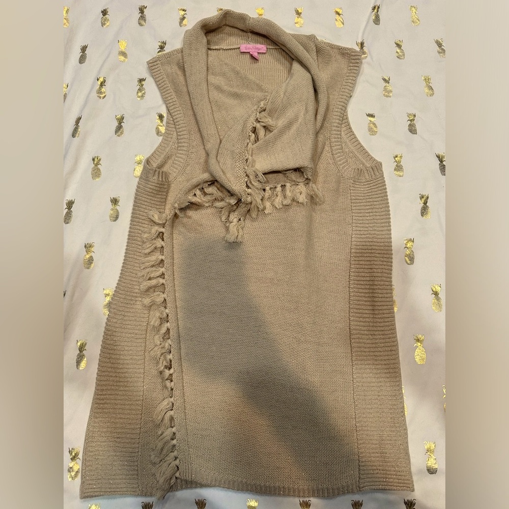 Lilly Pulitzer Open Front Tassle Cardigan Sweater Vest, Sz L Gold EUC